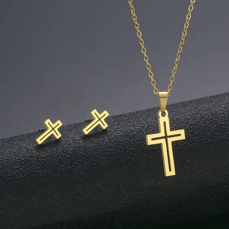 New Stainless Steel Heart Cross Pendant Charm Necklace & Earrings Hollow Chian Choker Jewelry Set for Women Accessories Gift