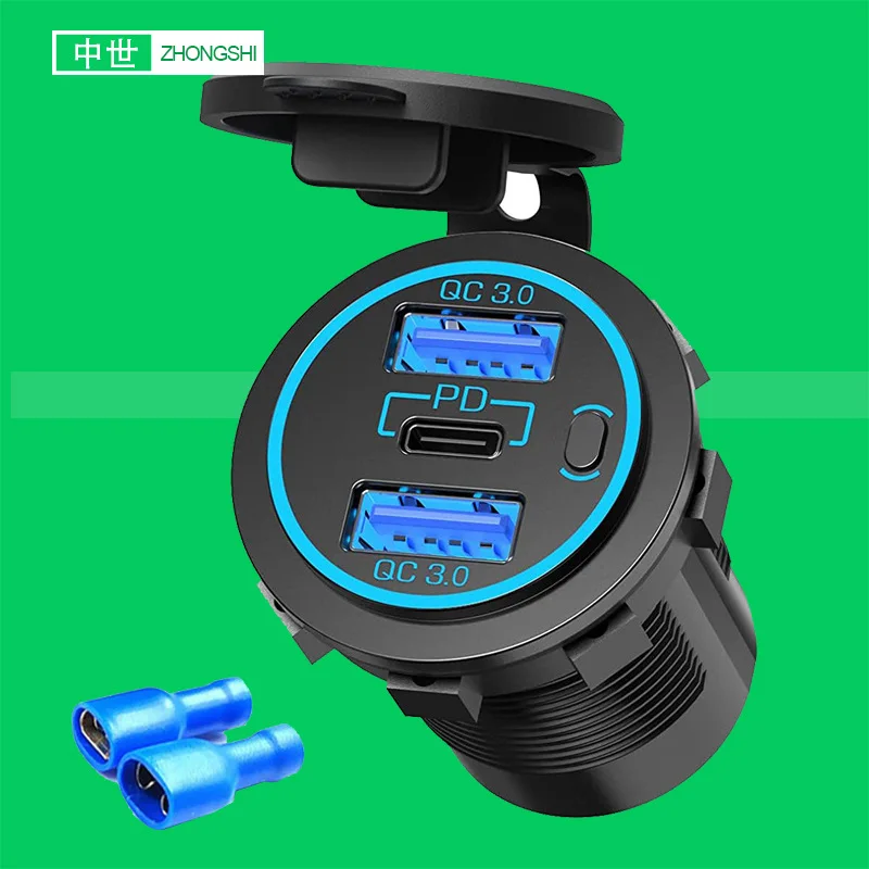 2022-2QP  QC3.0 USB  Type-C  PD Power Charger with Rocker Switch Blue LED 12V 24V Compatible  UTV Polaris