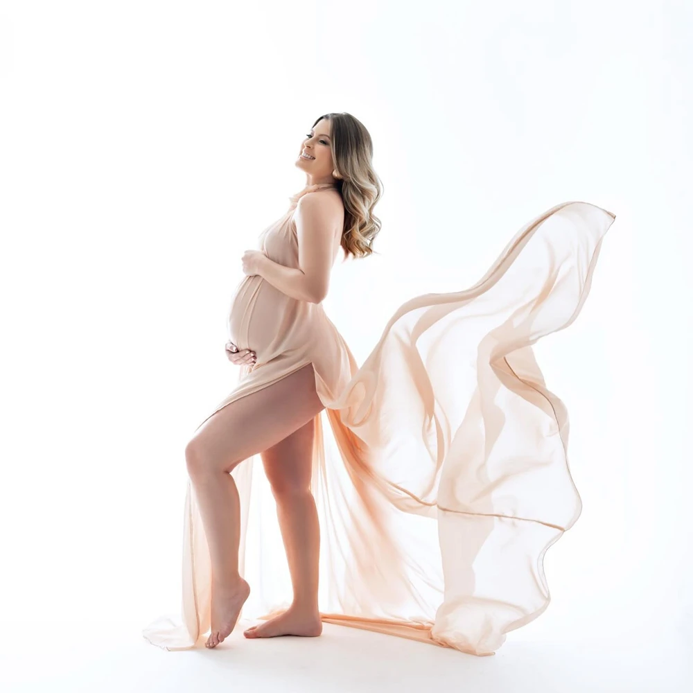 Sexy Off Shoulder Maternity Gown for Photography Pleated Pregnancy Dress Elegant Flare Sleeve Women Photo Shoot Props Outfit
