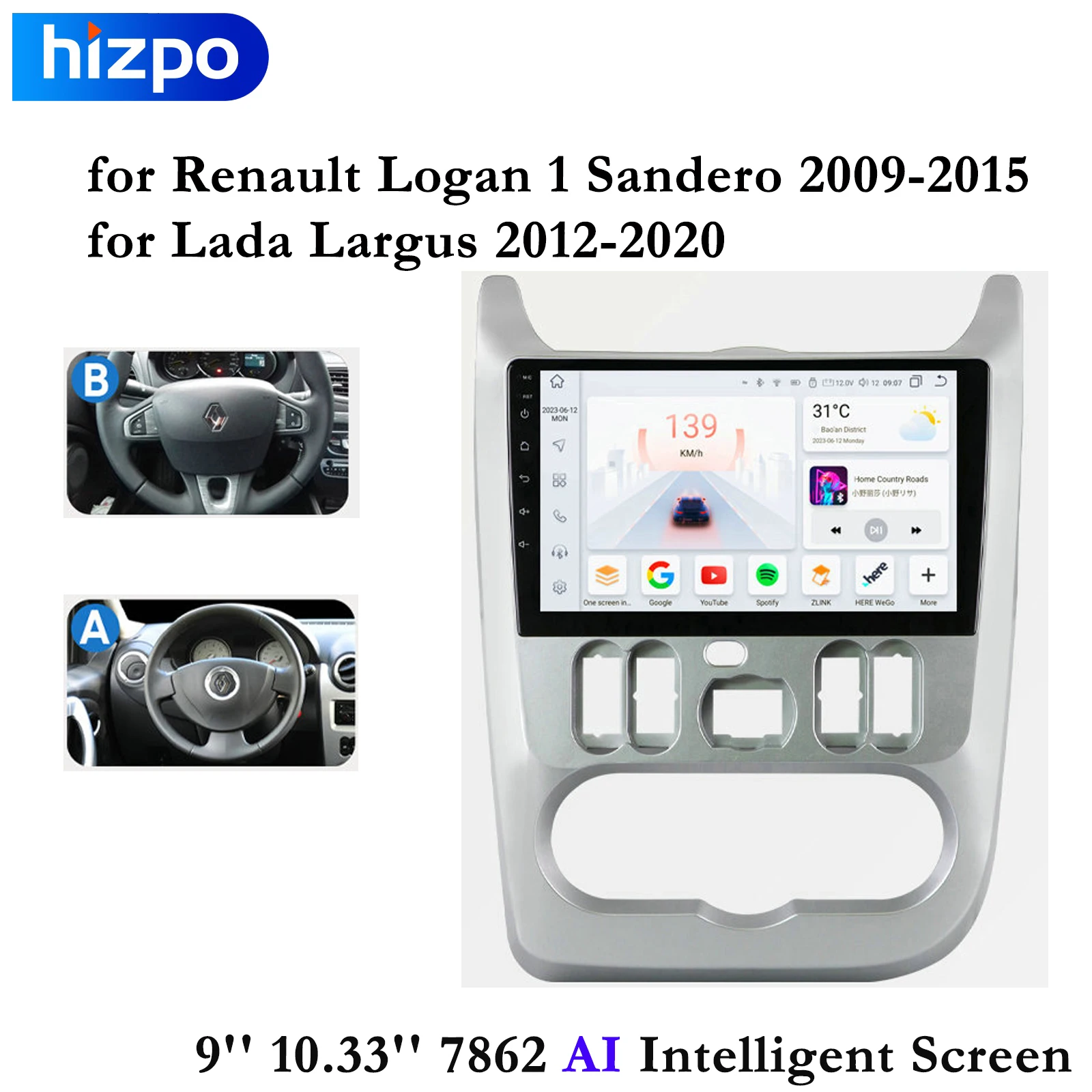 Hizpo Carplay 4G 9'' 10.33'' 8+128 2din Android Car Radio for Renault Logan 1 Sandero for Lada Largus Multimedia Video Player BT