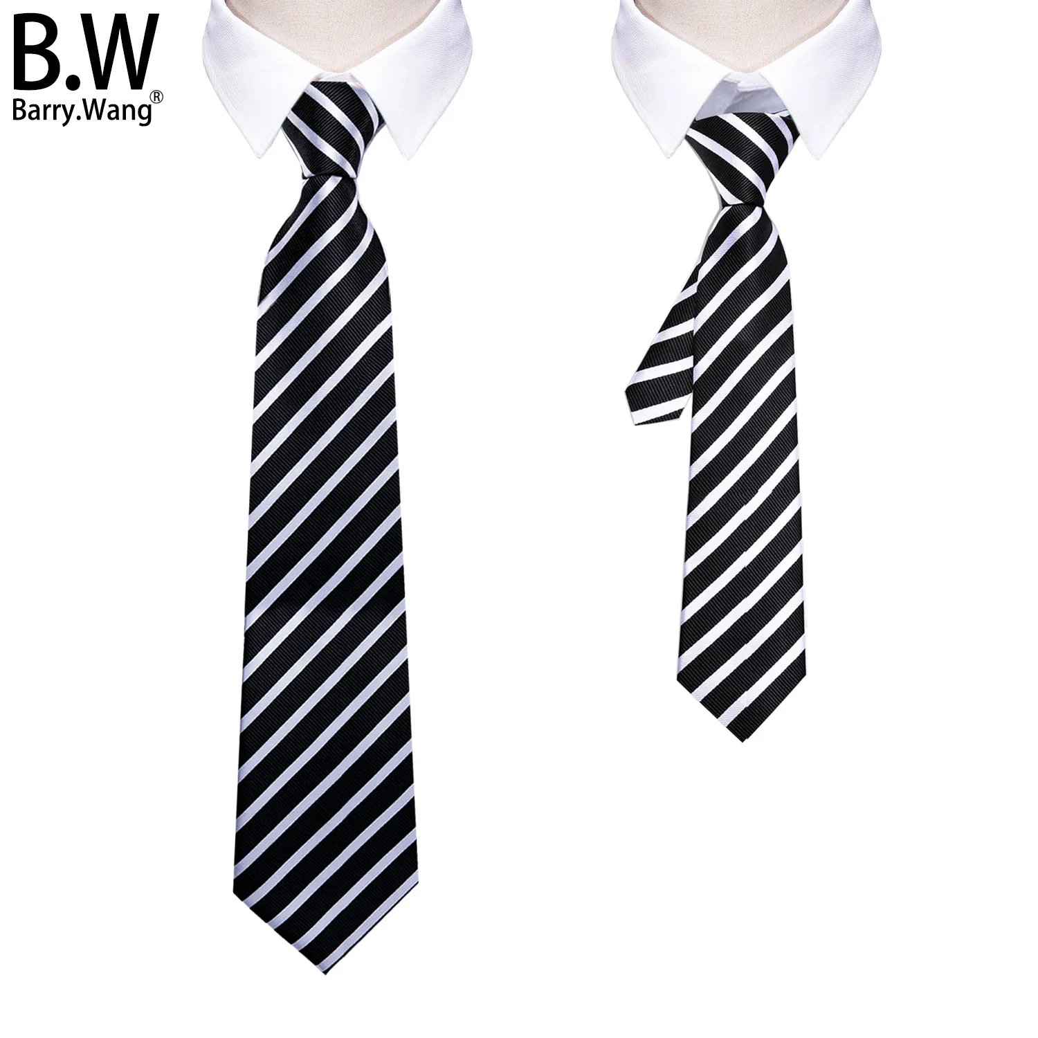 Barry.Wang Tie for Dad and Son Jacquard Black Striped Silk Necktie Pocket Sqaure Parent-child Adult Boy Men Young Party Wedding