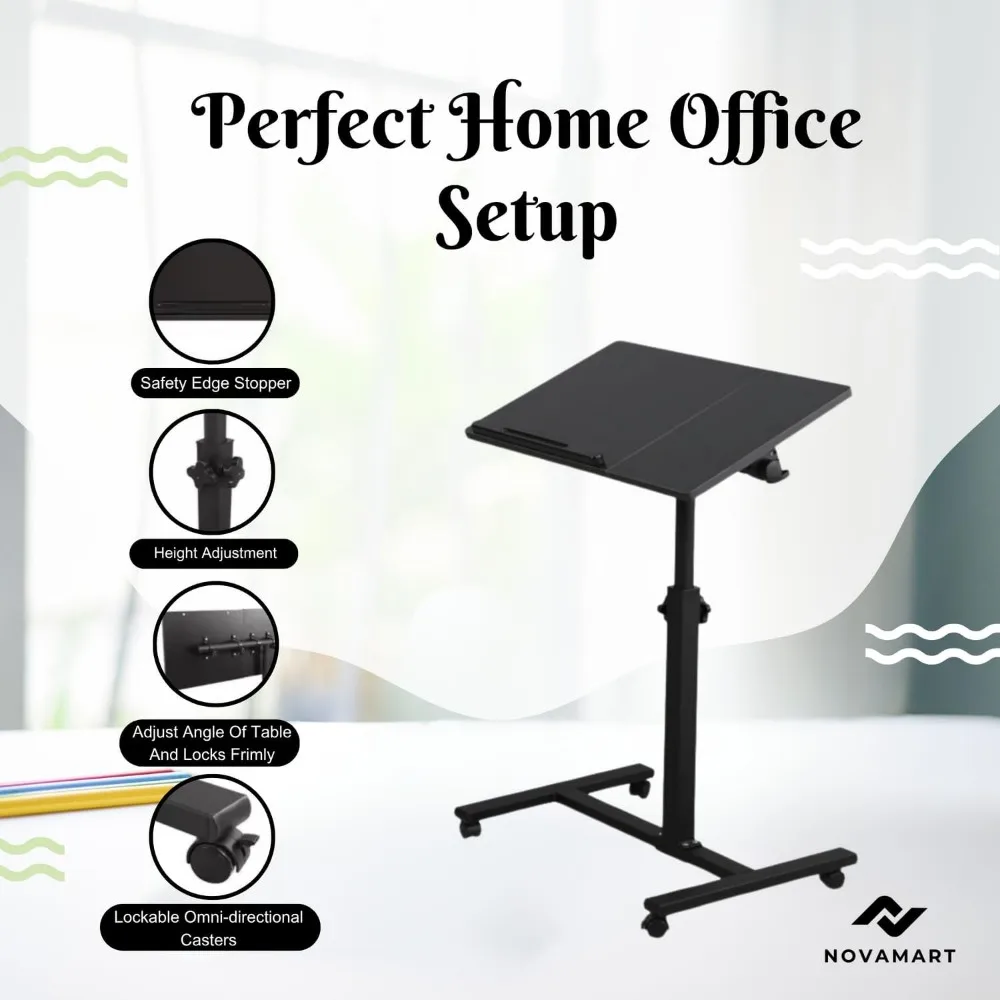 مكتب كمبيوتر محمول قابل لضبط الارتفاع - محطة عمل متنقلة مع سطح MDF وإطار فولاذي للمكتب المنزلي