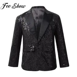 Kids Boys Fashion Shiny Sequins Lapel Suit One Button Jacket Coat Blazer Tuxedo for Wedding Birthday Party Stage Performance