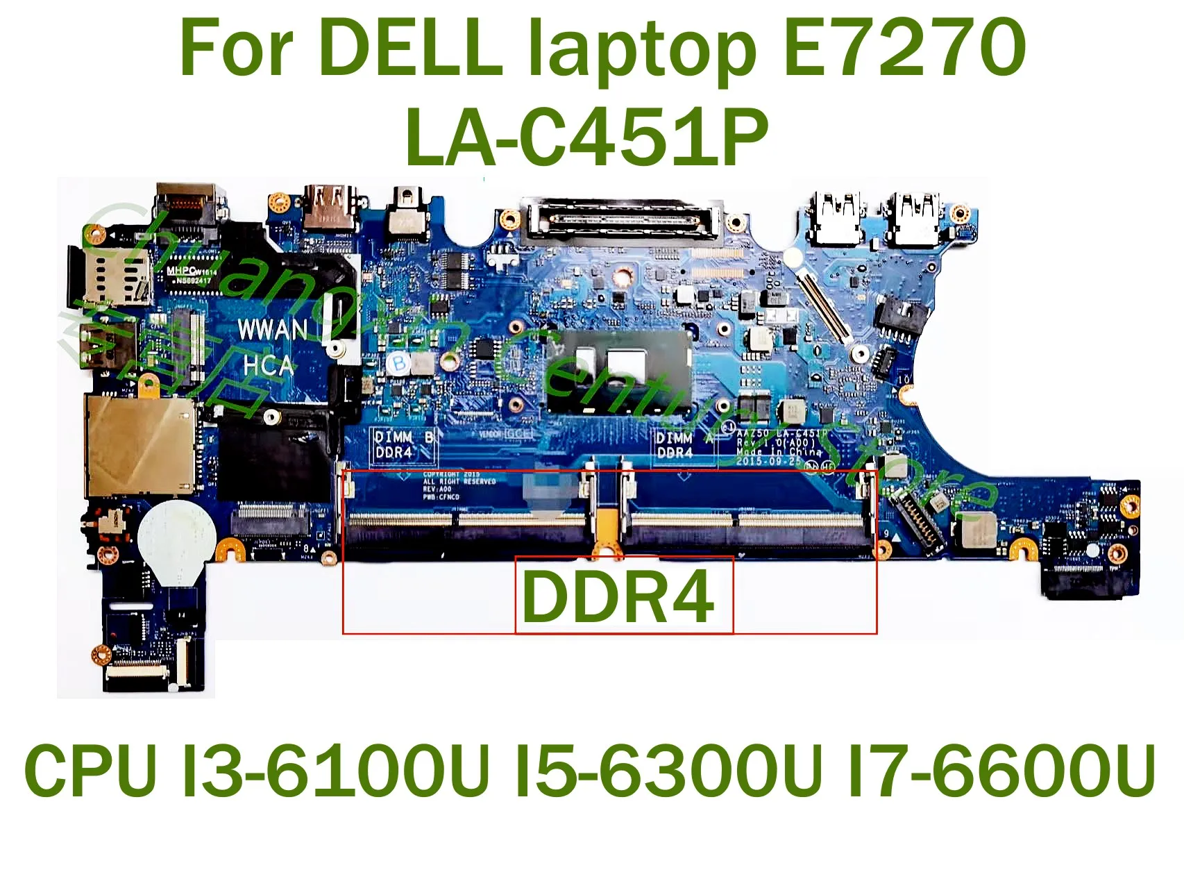 For DELL laptop E7270 laptop motherboard LA-C451P with CPU I3-6100U I5-6300U I7-6600U 100% Tested Fully Work