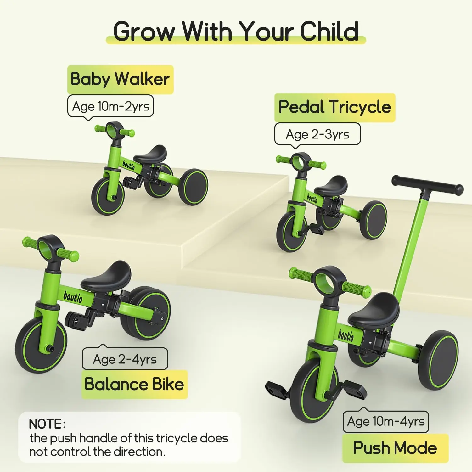 Tricycle pour enfants avec poignée de poussée, vélo d'équilibre pour bébé, cadeau pour garçons et filles, pédale parfaite, 5 en 1, 1-3, 1 à 4 ans