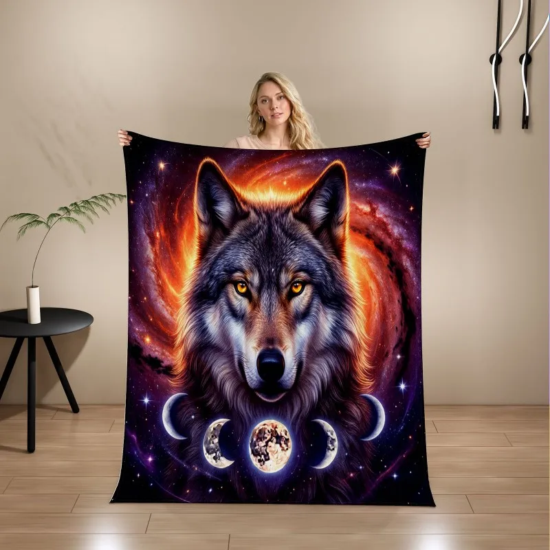 Galaxy Wolf Flannel Blanket Moon Phase Design, Ultra-fine Fiber Soft Cozy Throw Blanket for Nap Couch Bedroom