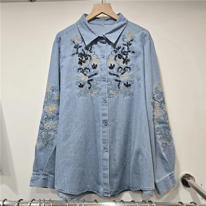 

SuperAen Весна 2026: Новая женская рубашка-кардиган в корейском стиле с цветочной вышивкой, винтажная джинсовая, с длинными рукавами, свободного кроя