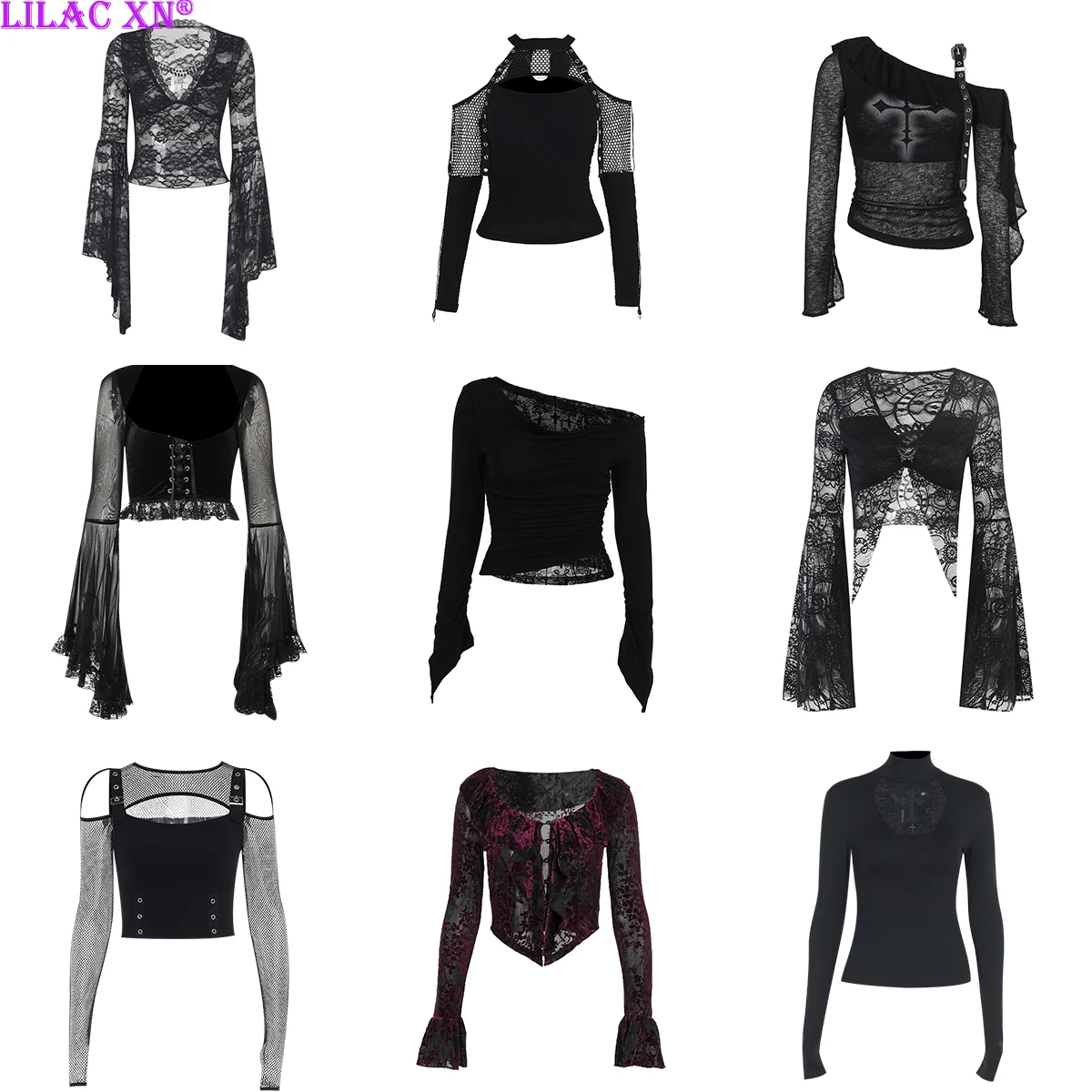 חולצות קרופ קורסט עם שרוולים ארוכים משובצות רשת תחתונה סקסית בסגנון הראג'וקו הווינטאג' האסתטית בצבע שחור לנשים
