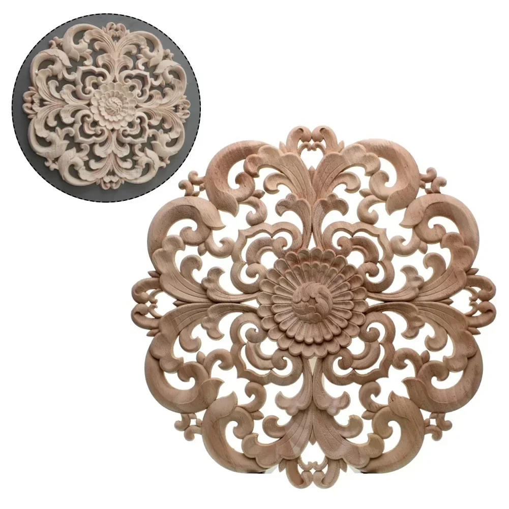 Home Decoration Onlay Applique Woodcarving Decal High Quality Round Wooden Decor 15/20cm Decorative Flower Board