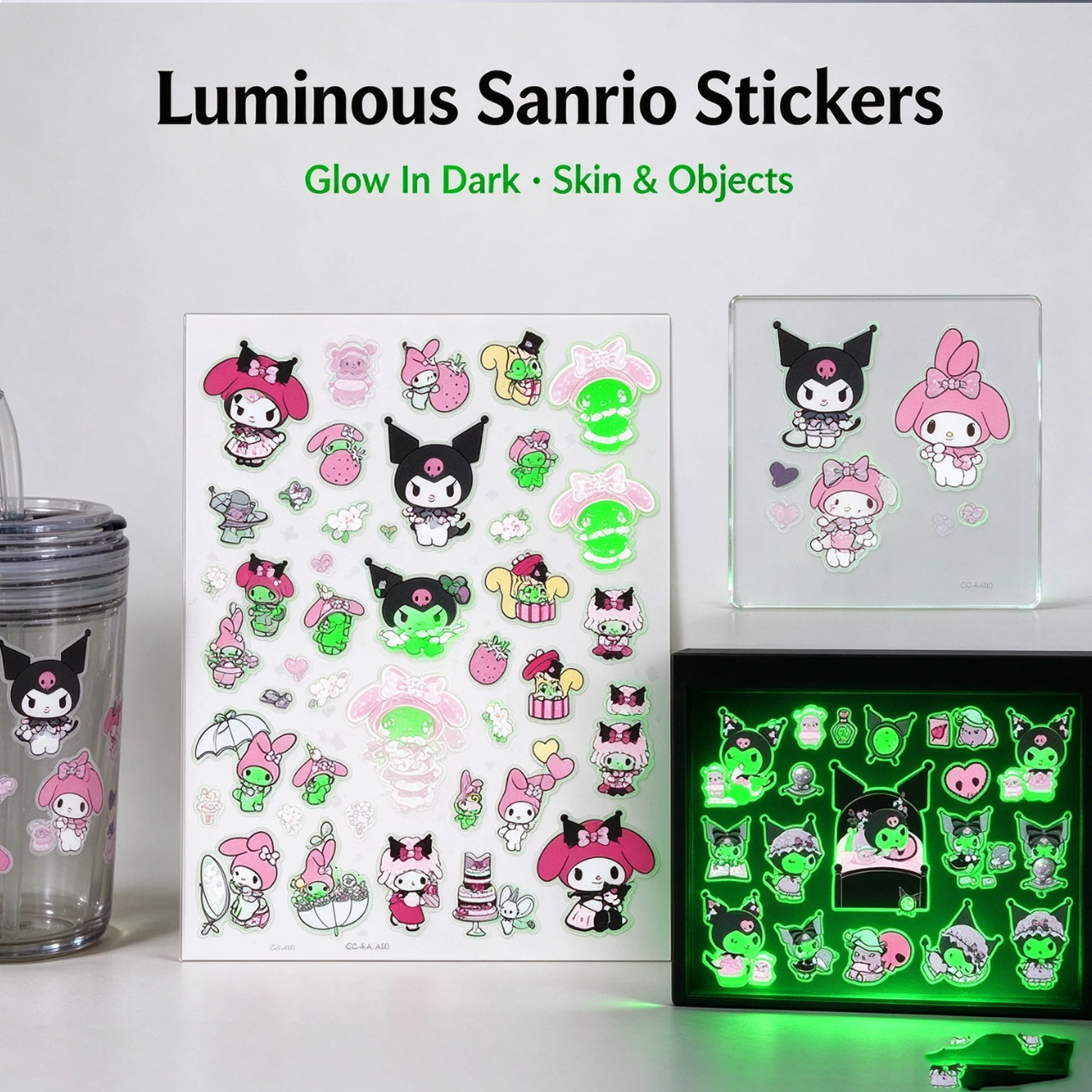 Sanrio Luminous Temporary Tattoo Stickers, Glow In Dark, Cute Cartoon Decals For Skin, Water Bottle, Kids Party Decor