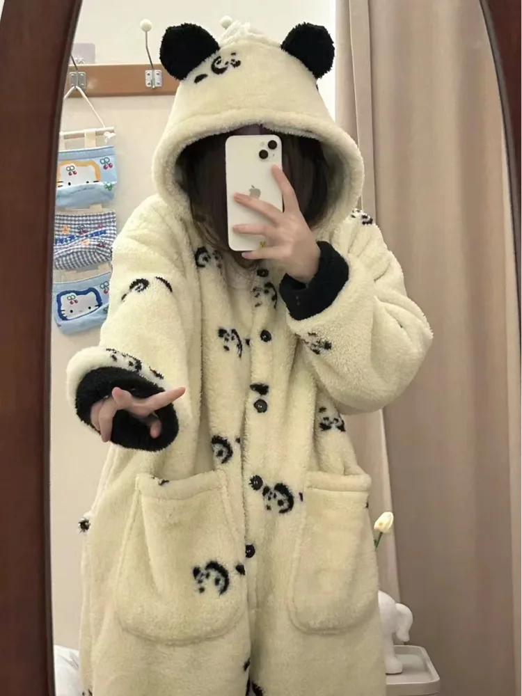 Kawaii Anime Panda Nachtkleding Voor Slapen Winter Pyjama Jumpsuit Coral Fleece Thuis Kleding Een Stuk Pijama Onesie Nachtjapon