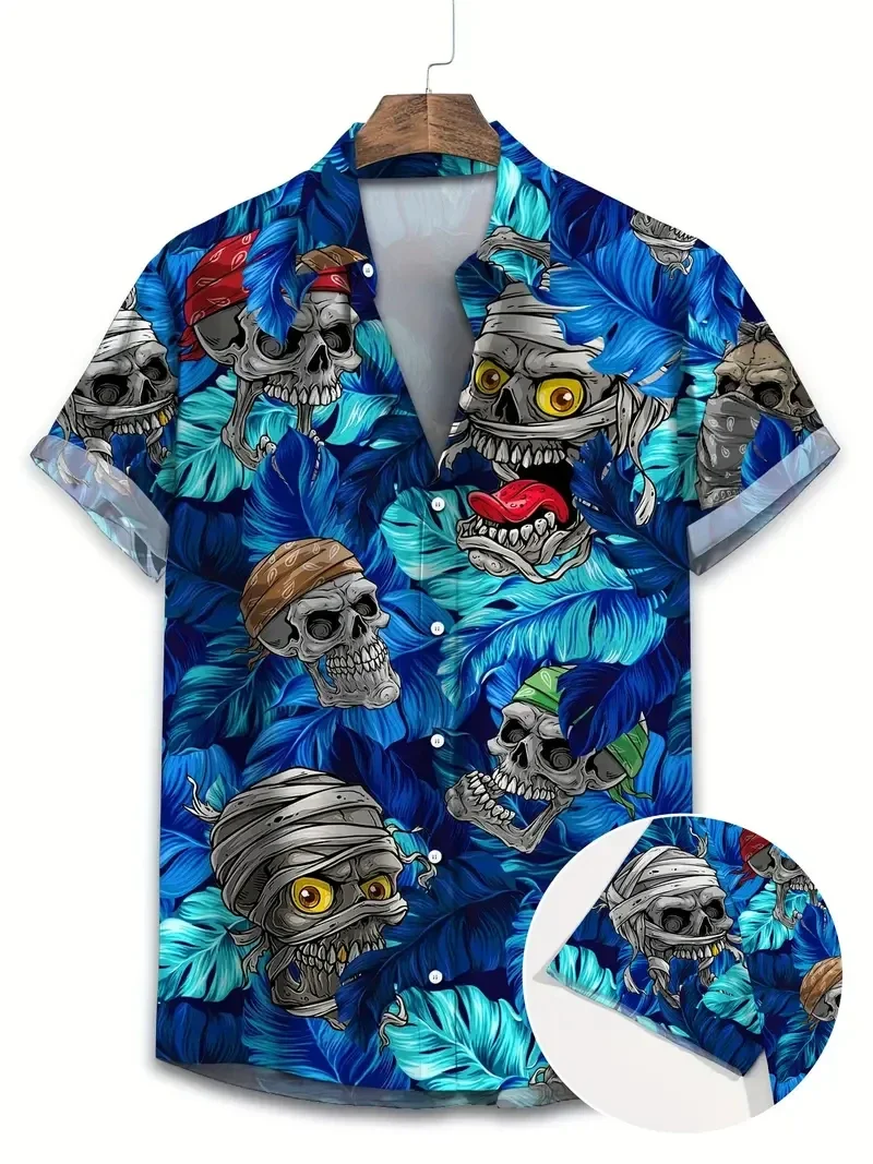News Hawaiian Horror Skull Ice Cream Men's Shirt Floral 3D Print Lapel Single Button Halloween Beach Tops Unisex Gifts