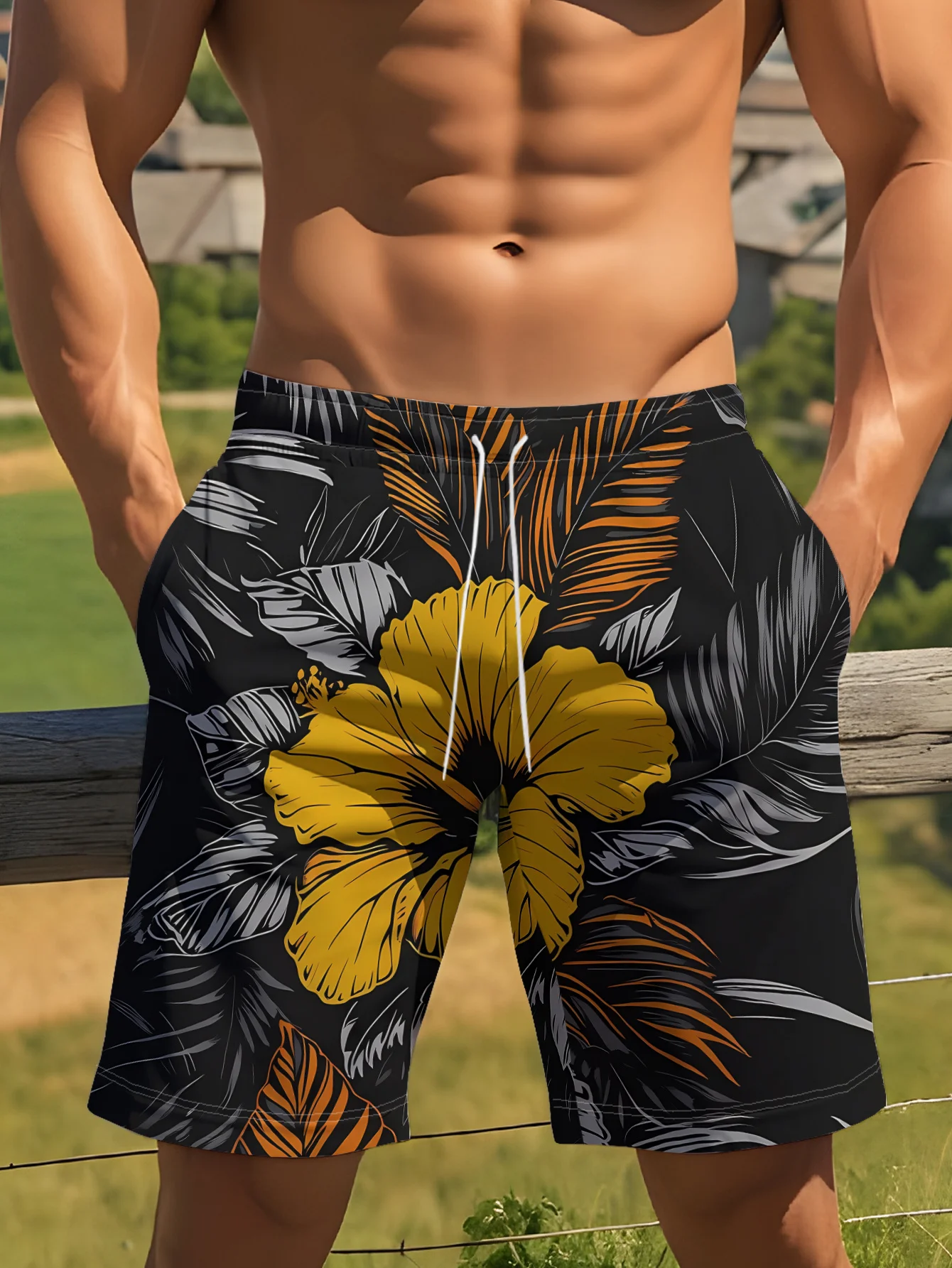 Men's Summer Quick Dry Beach Shorts, Black Yellow Large Hibiscus Tropical Leaf Print Drawstring Casual Board Shorts with Pockets