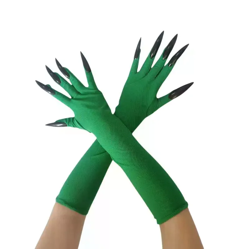 Long Green Witch Gloves With Long Sharp Black Claws Soft Stretchy Fabric Perfect