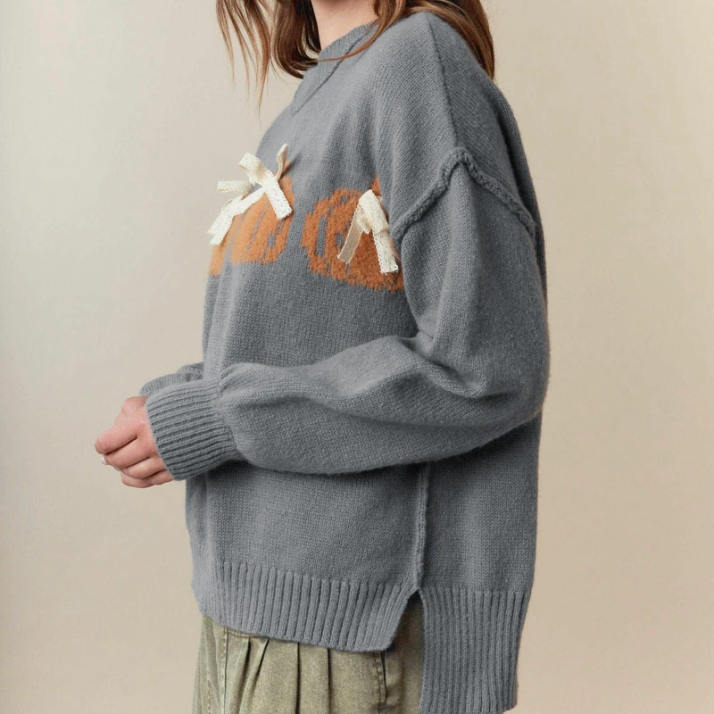 Combhasaki Donna Halloween Maglioni lavorati a maglia Manica lunga a costine Girocollo Fiocco Decor Zucca sfocata Maglieria Pullover Maglioni caldi