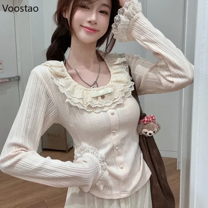 Autumn Sweet Lolita Long Sleeve T-Shirt Women Elegant Kawaii Lace Ruffles O-Neck Bow Slim Tees Female Casual Korean Y2k Tops