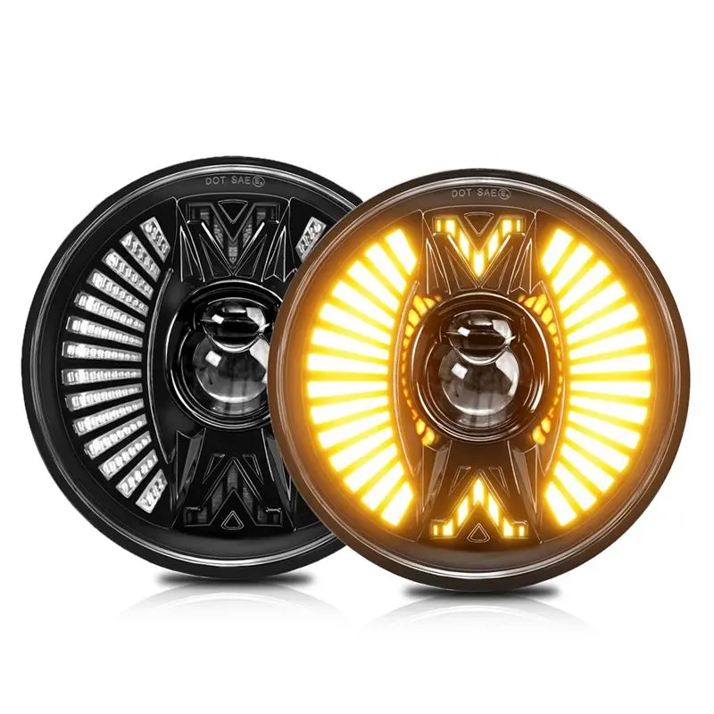 

Better-7 Inch LED Headlight Round LED Pods Light Bar High/Low DRL H4 Work Light For Truck SUV ATV ,White+Amber Light