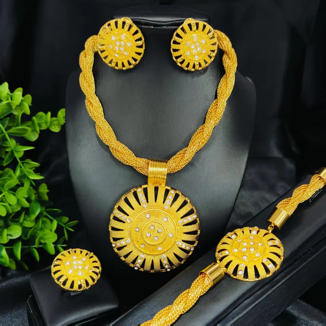 Diamond Inlaid Petal Necklace Earrings Ring Bracelet 4Pcs Set For Women 24K Gold AU999 gorgeous matching jewelry for daily