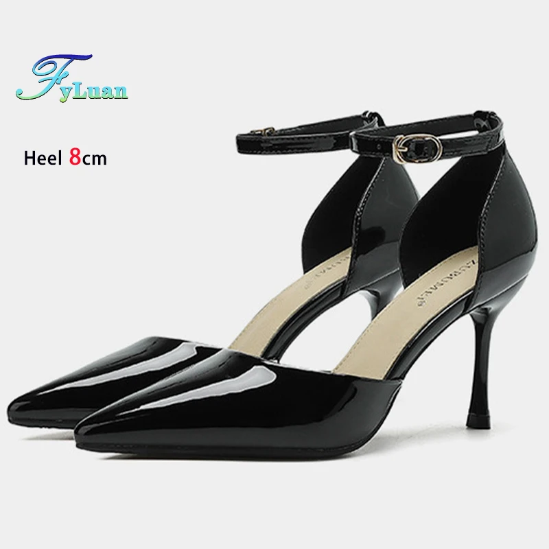 

2025 Черные женские туфли на высоком каблуке 8 см 6 см. Женские туфли-лодочки на тонком каблуке с острым носком. Сандалии с пряжкой на щиколотке. Повседневная обувь.