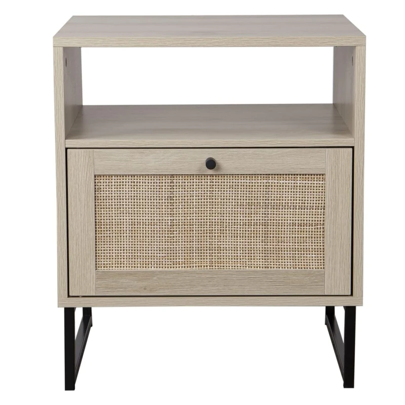 

Rattan Wood End Side Accent Table with Storage Drawer Black Oak Modern Bedroom Furniture Wooden Nightstand