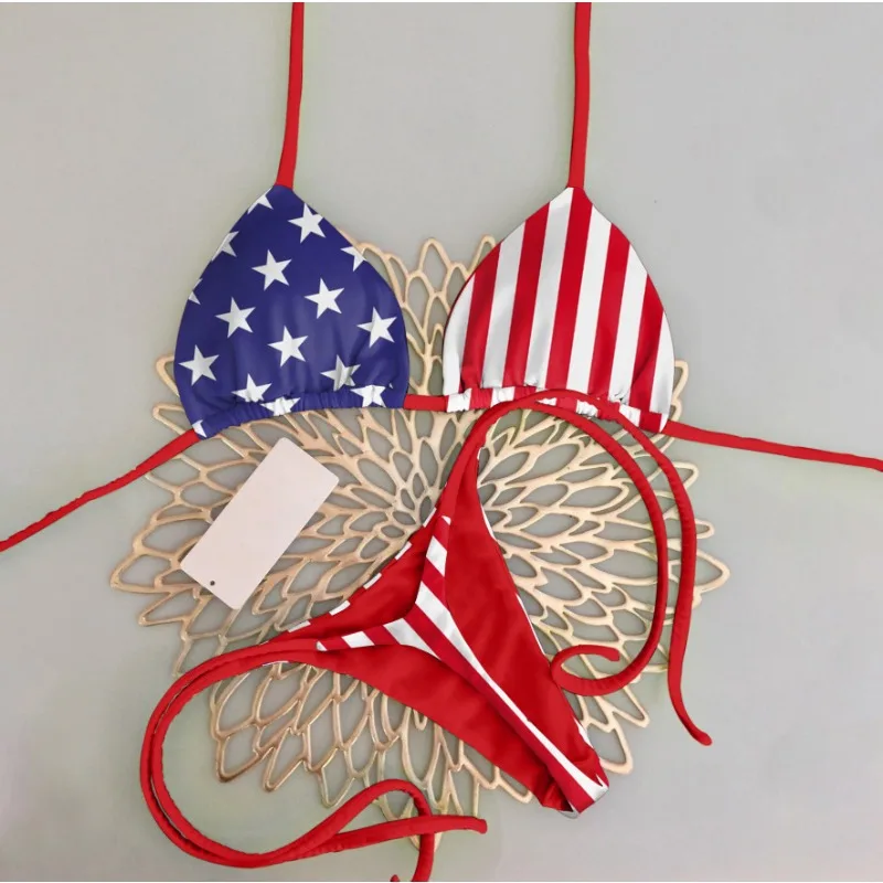 Cross-border European  American Sexy Triangle Cup Underwear Thong Bikini Spring Summer Beach Wind Printed Split Swimsuit Women