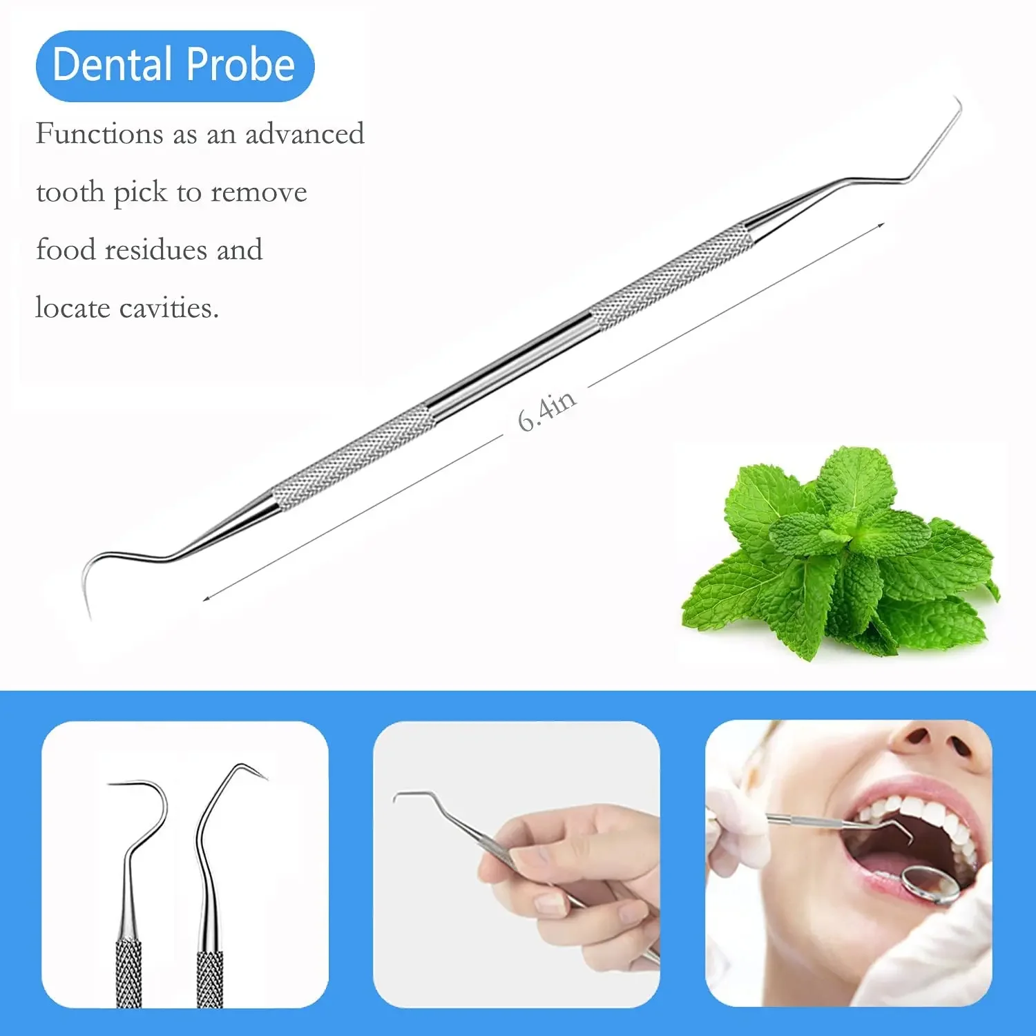 Herramientas de limpieza de dentista de acero inoxidable, espejo Dental, doble sonda, Hoz, azada, limpiador de dientes, productos de herramientas dentales, Kit de cuidado bucal