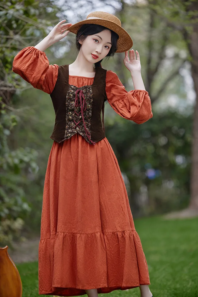 فستان أنيق من Cotton agecore Prairie Mori Girl فستان كلاسيكي من القطن والكتان على الطراز الفرنسي مع سترة من القرون الوسطى ريترو فيستدو فيستا