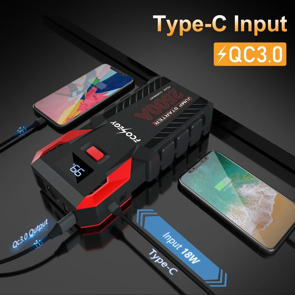 FCONOGY-Carro Portátil Jump Starter, Banco De Potência, Bateria De Carro De Emergência, Dispositivo De Iniciação, Auto Booster, 2500A, 26000mAh, 12V