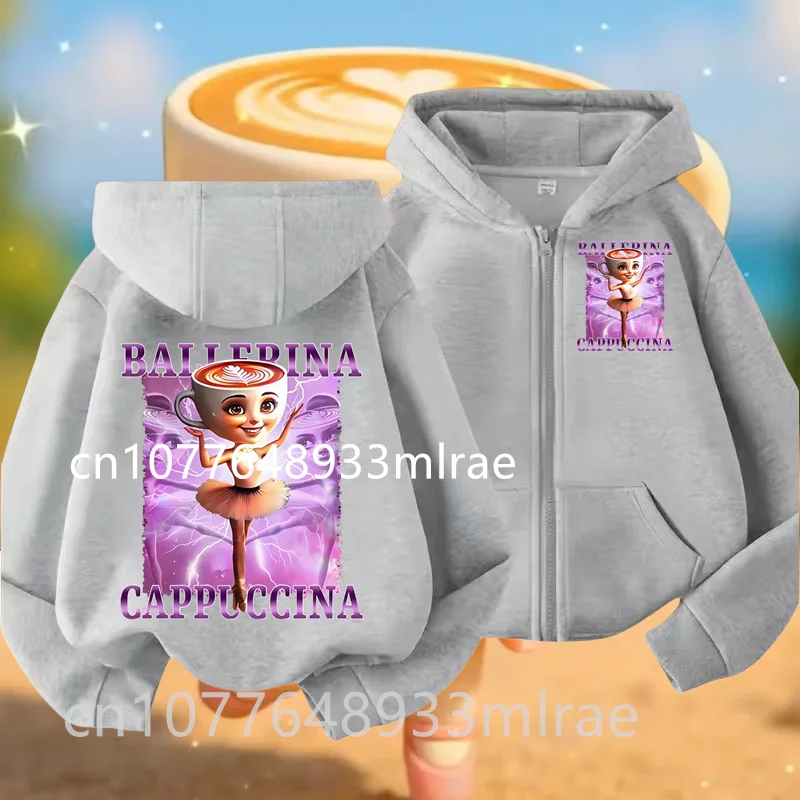 معاطف جاكيت بقلنسوة للأولاد والبنات من Brainrot الإيطالية للاحتفال بعلامة تجارية راقصة الباليه والكابتشينو في الخريف والشتاء