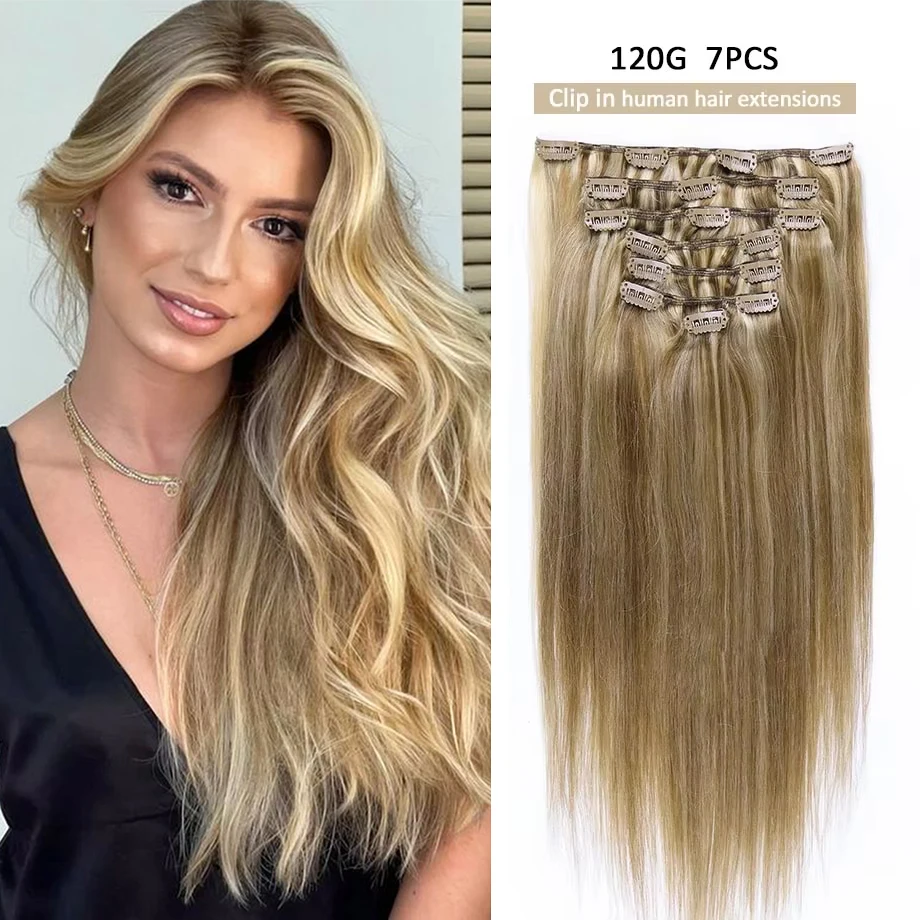 7Pcs 120g Clip In Human Hair Extensions,Blonde Highlight,Full Head Seamless Straight Invisible Clip In Real Human Hair for Women