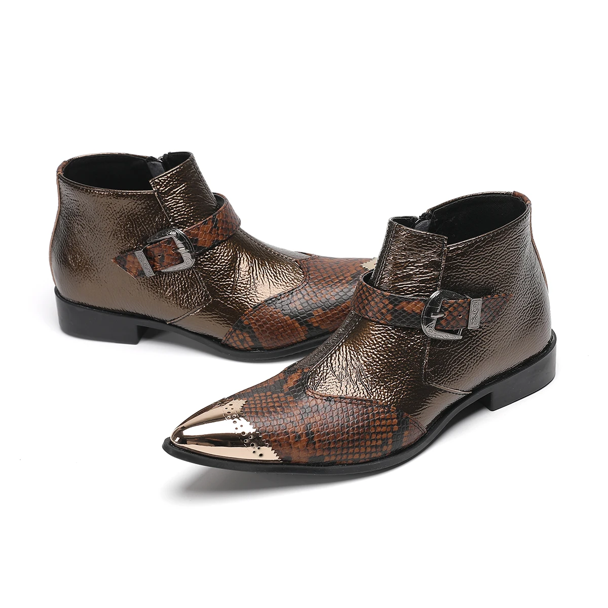 

Botas Brown Buckle Strap Motorcycle Cowboy Ankle Boots Male Plus Size Shoes Men Real Leather Pointed Toe Short Boots Footwear