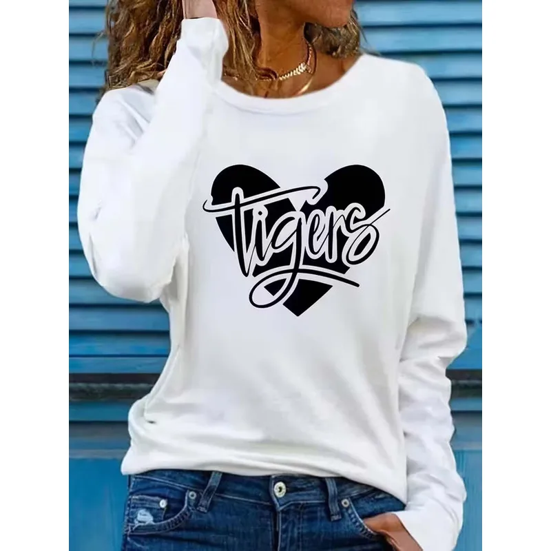Women's Heart Tigers Letter Print TShirt Oversized Round Neck Long Sleeve Compatible Top,Comfy Stretch Fabric Suitable for Curvy