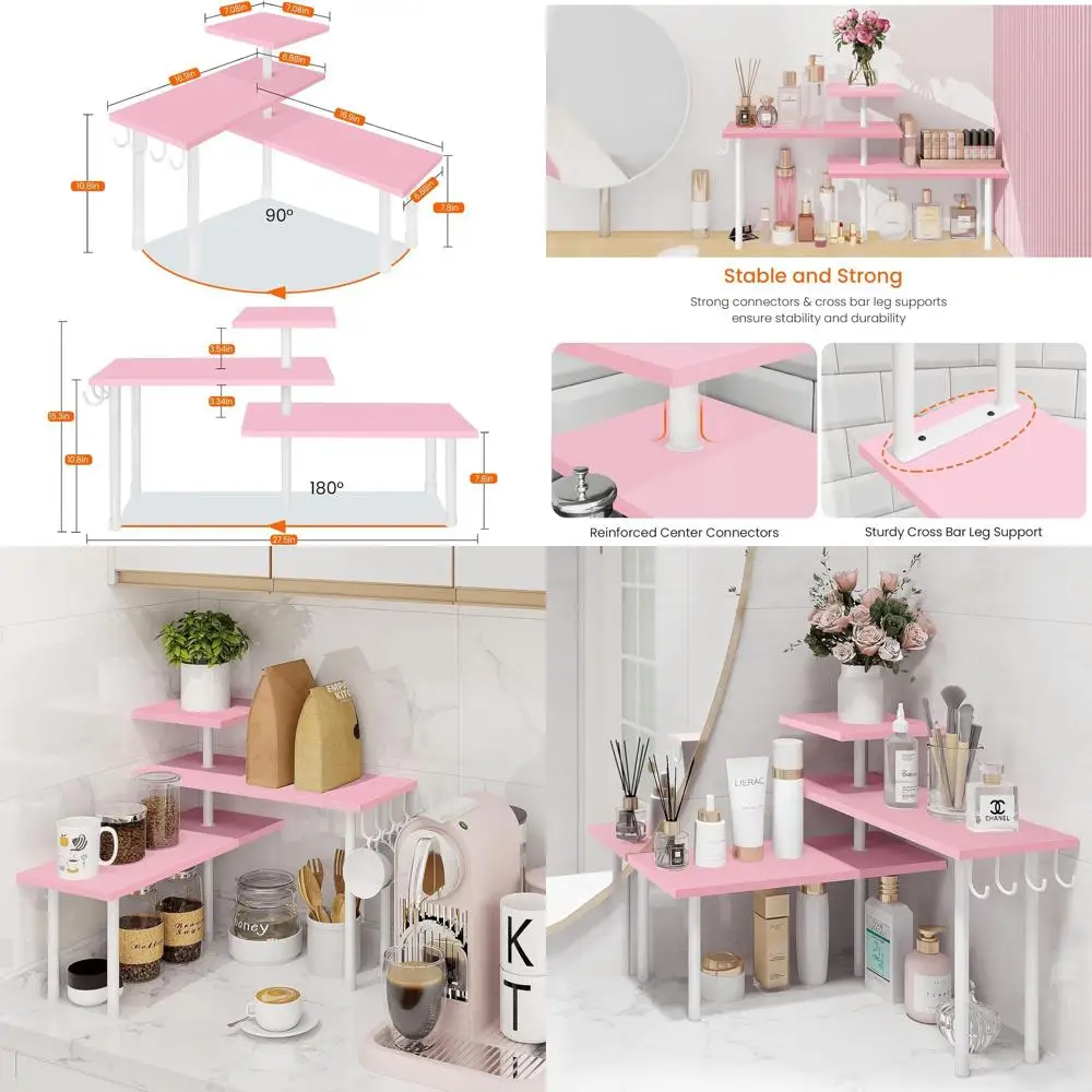 

Розовая трехъярусная угловая полка-органайзер на столешнице для ванной комнаты, макияжа, комода и настольного хранения