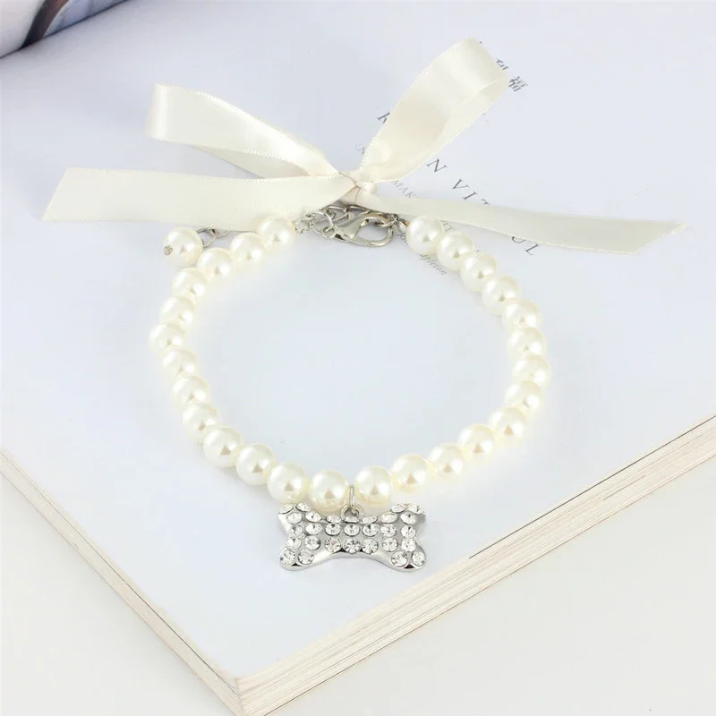 Cute Pet Dog Cat Pearls Necklace Collar with Bling Bone Beautiful Fashion Pet Puppy Wedding Jewelry Accessories for Dogs Cats