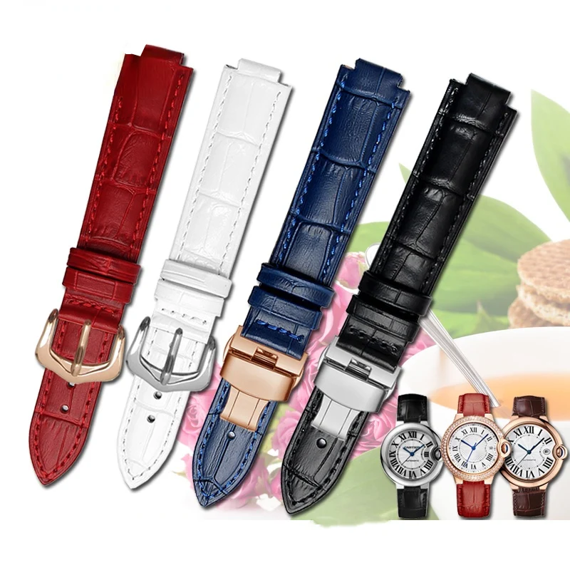 Genuine Leather Watch Band Female for Cartier Blue Balloon Series Watch Bracelet Male Concave-Convex Interface Accessories