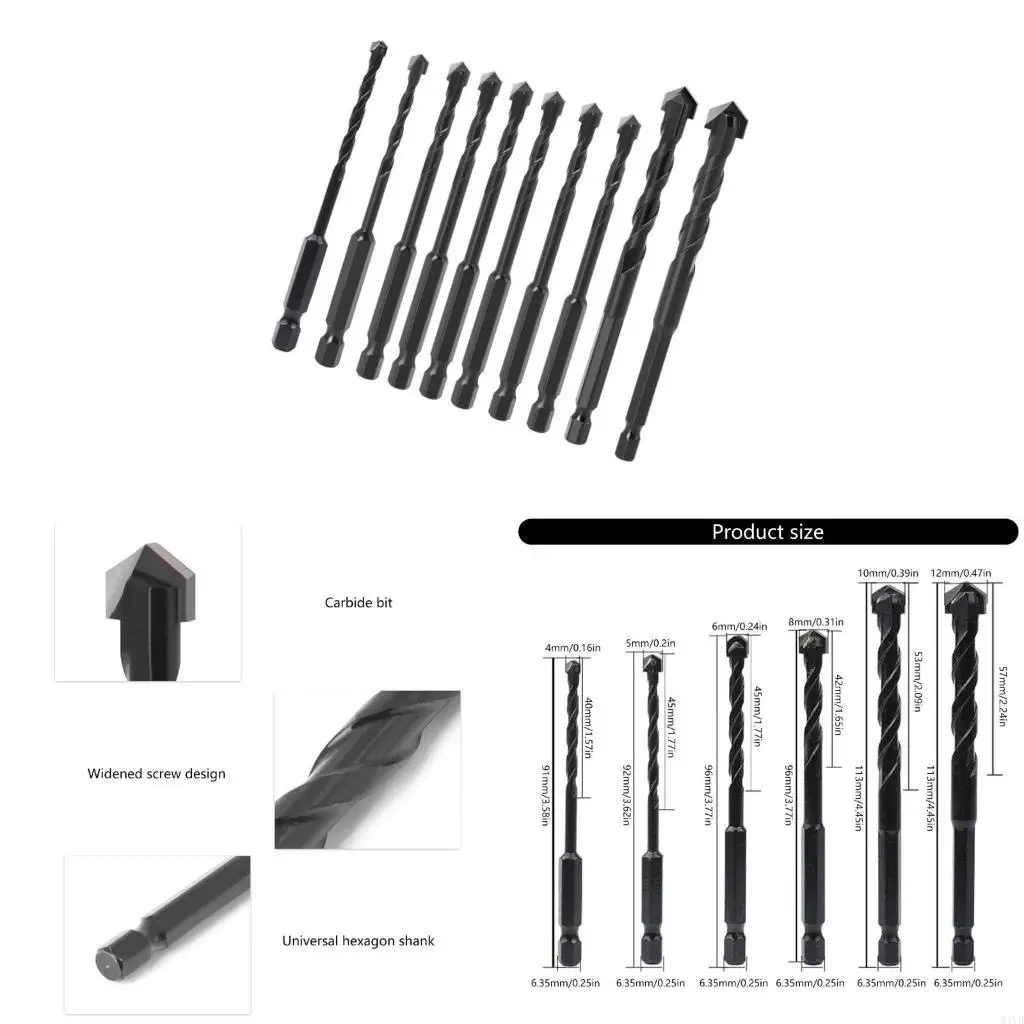 

10Pcs Multifunction Hexagonal Drill Bits Set Ceramic Wall Tile Marble Glass M4YD