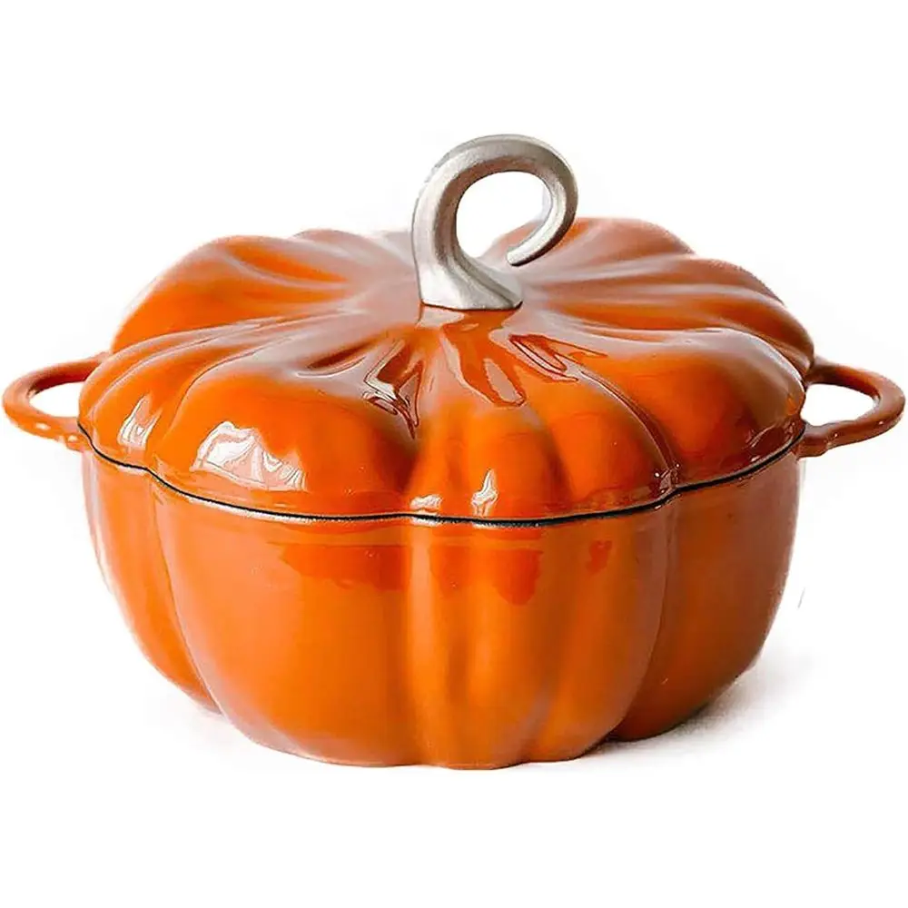 

4-Quart Orange Enamel Cast Iron Pumpkin Pot with Lid, Perfect for Stews and Soups, Serves 3-5, Ideal for Halloween and Thanksgiv