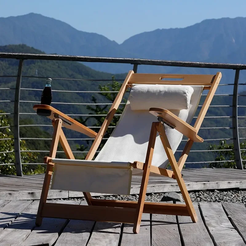 Portable Solid Wood Director Chair Outdoor Folding Recliner for Camping Beach Patio Garden Lunch Break Relaxation Furniture