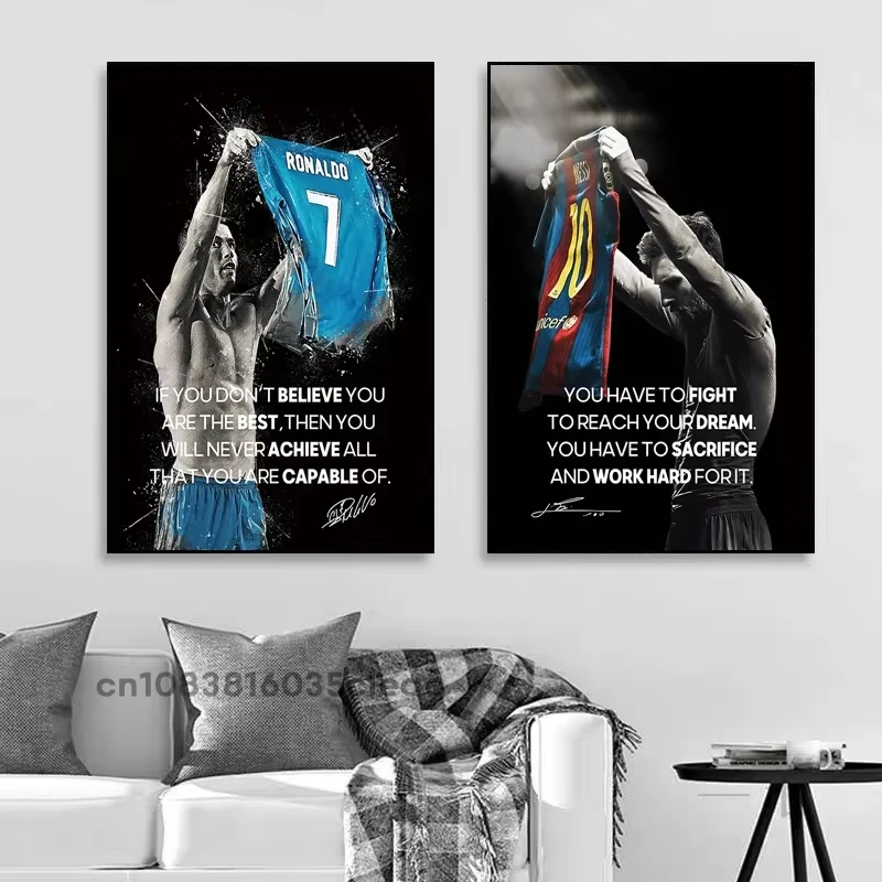 Póster de estrella de fútbol Messi Ronaldo, citas motivacionales, pinturas decorativas, lienzo, imágenes artísticas de pared, decoración del hogar para dormitorio
