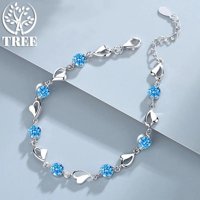 

925 Sterling Silver Heart Shaped Bracelet For Women Retro Korean Versatile Blue Crystal Charm Bracelets Original Party Jewelry