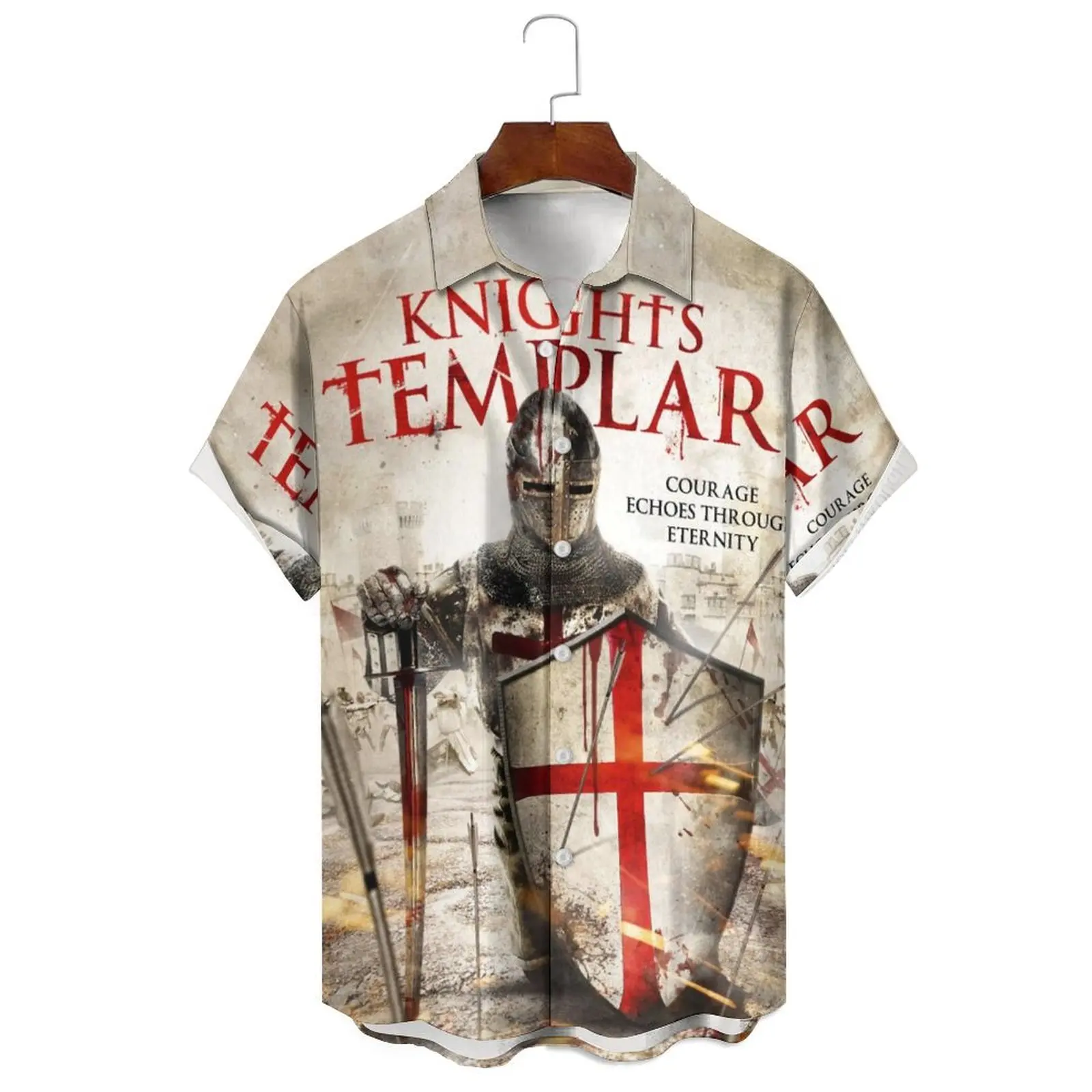 

Fashionable Men's Summer 3d Templar Warrior Print Large Size Loose Casual Daily Wear Single Breasted Lapel Short-Sleeved Shirt