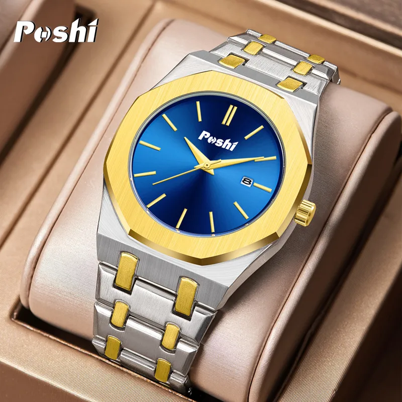 

POSHI Quartz Watch for Man Fashion Luxury Business Wrsitwatch Simple Dial with Date Stainless Steel Strap Men's Watches 2023