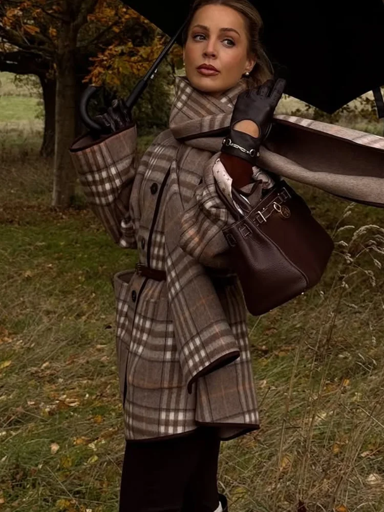 

Chic Woolen Scarf Collar Plaid Coat Lady Elegant Single Breasted Full Sleeve Pocket Belt Overcoat Women Daily Commute Jacket New