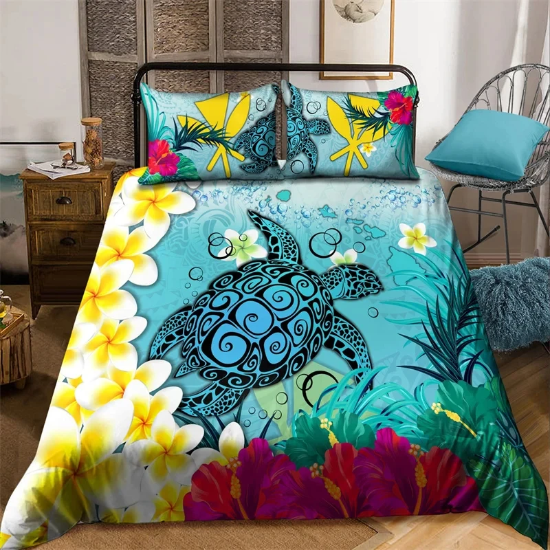 

Hibiscus Floral Duvet Cover Tribal Polynesian Turtle Bedding Set Single Twin King Microfiber Plumeria Hawaiian Comforter Cover