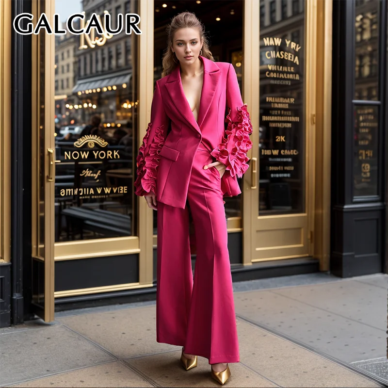 GALCAUR Temperament Women Sets Notched Collar Long Sleeve Spliced Appliques Blazers High Waist Wide Leg Pants Solid Set Spring