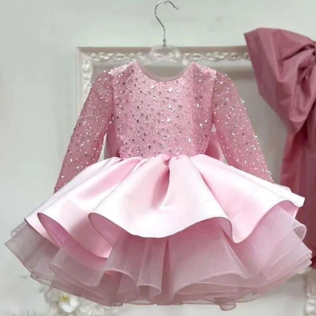 

Customized Flower Girl Dress Pink Sequin Satin Puffy With Bow Long Sleeve For Wedding Birthday Prom Banquet Holy Communion Gown