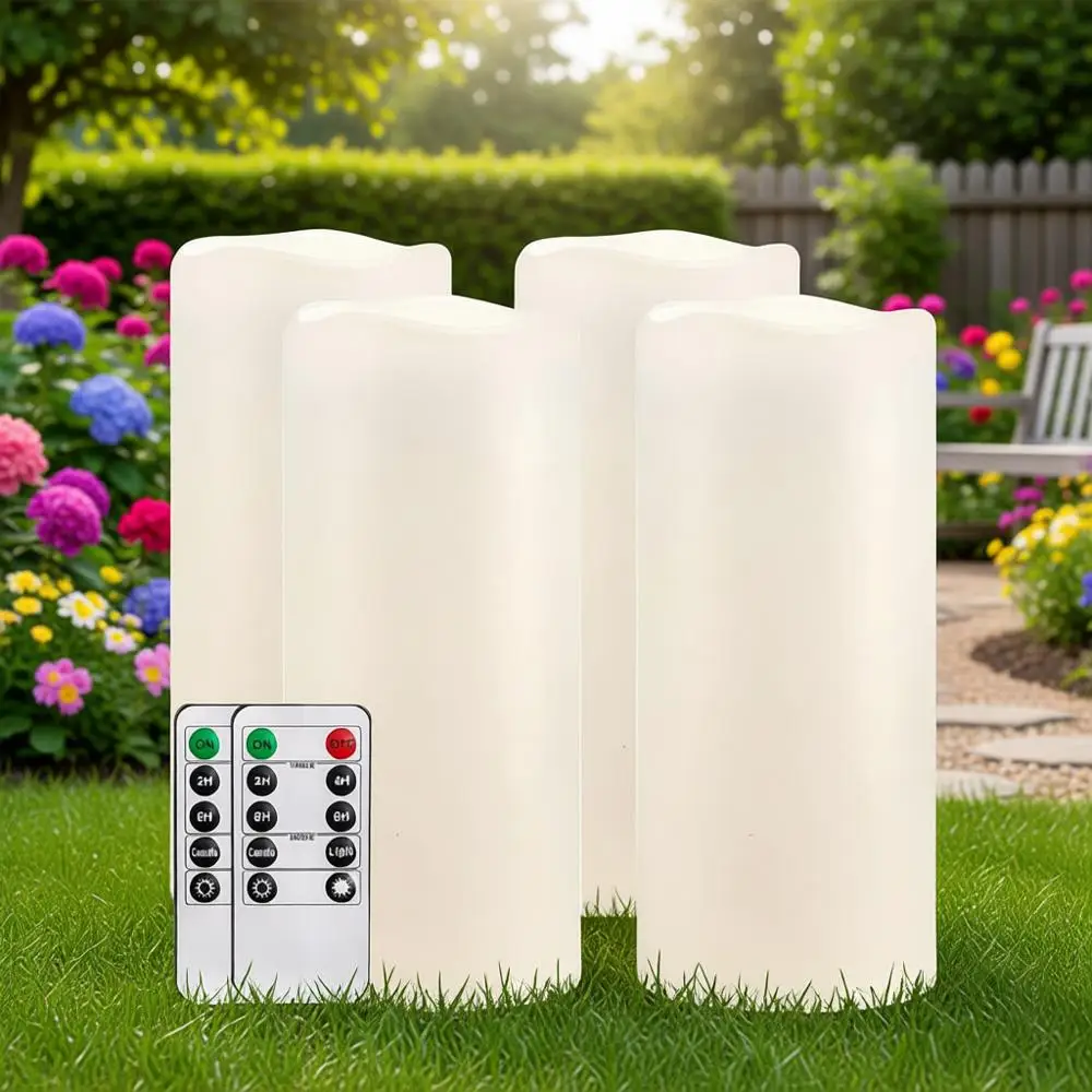 

10 x 4 Large Waterproof Outdoor LED Pillar Candles with Remote Control and Timer, Set of 4