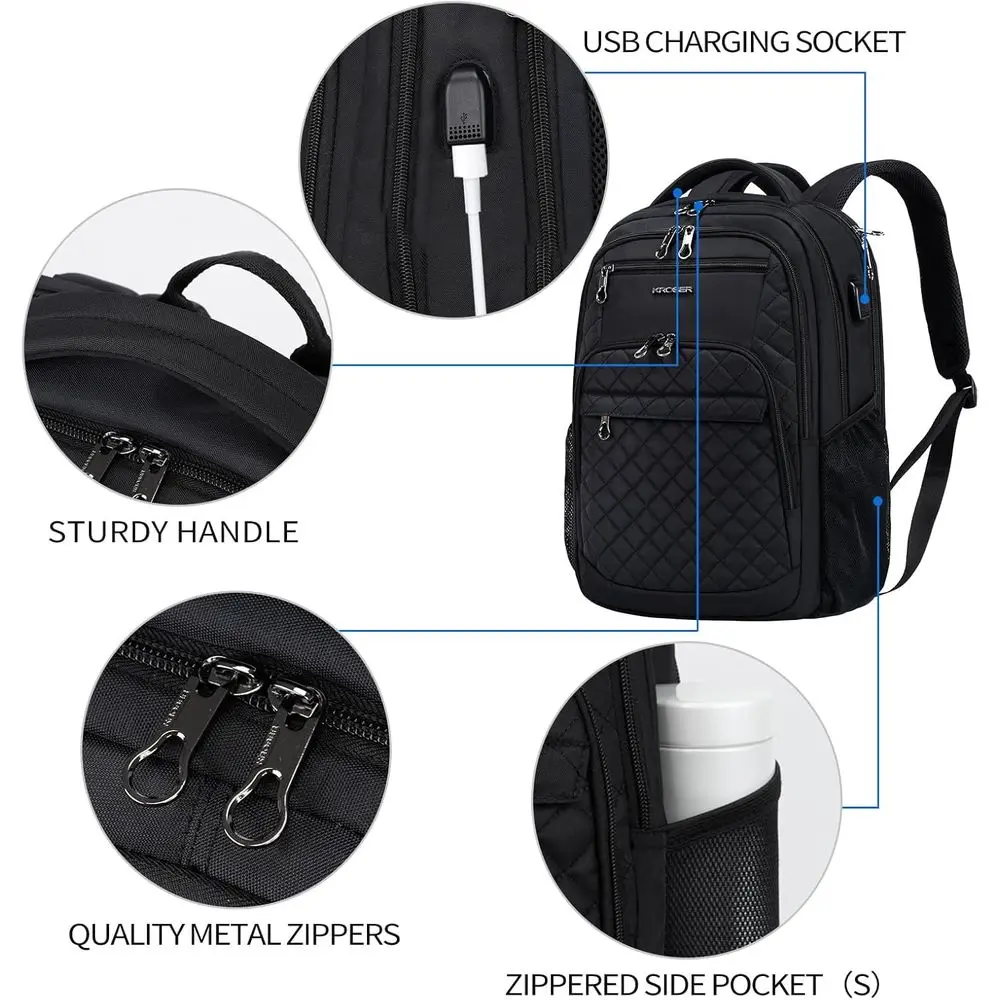 Mochila acolchoada para laptop com 17 bolsos para porta USB e RFID – Mochila resistente à água para trabalho, faculdade, homens e mulheres