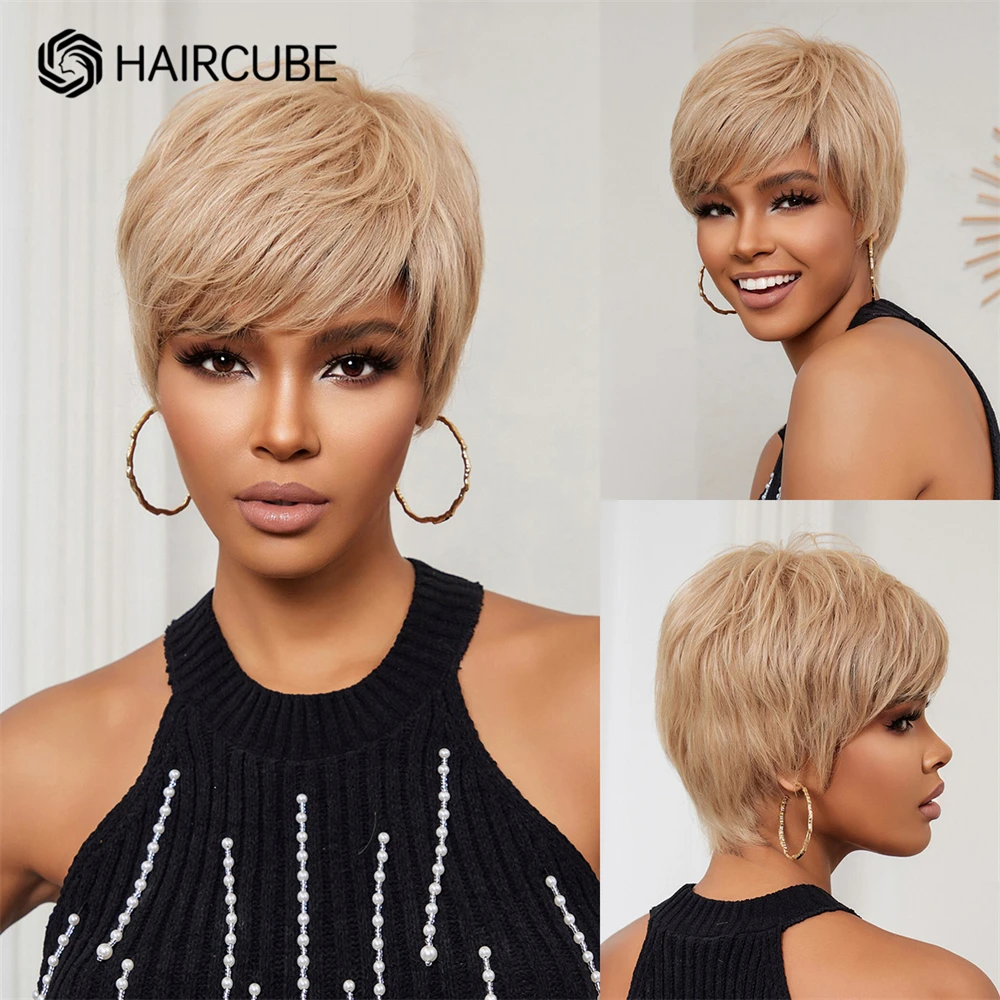 Short Bob Wigs Human Hair Pixie Cut Wigs with Bangs Blonde Golden Remy Human Hair for Brazilian Afro Women Natural Glueless Wig