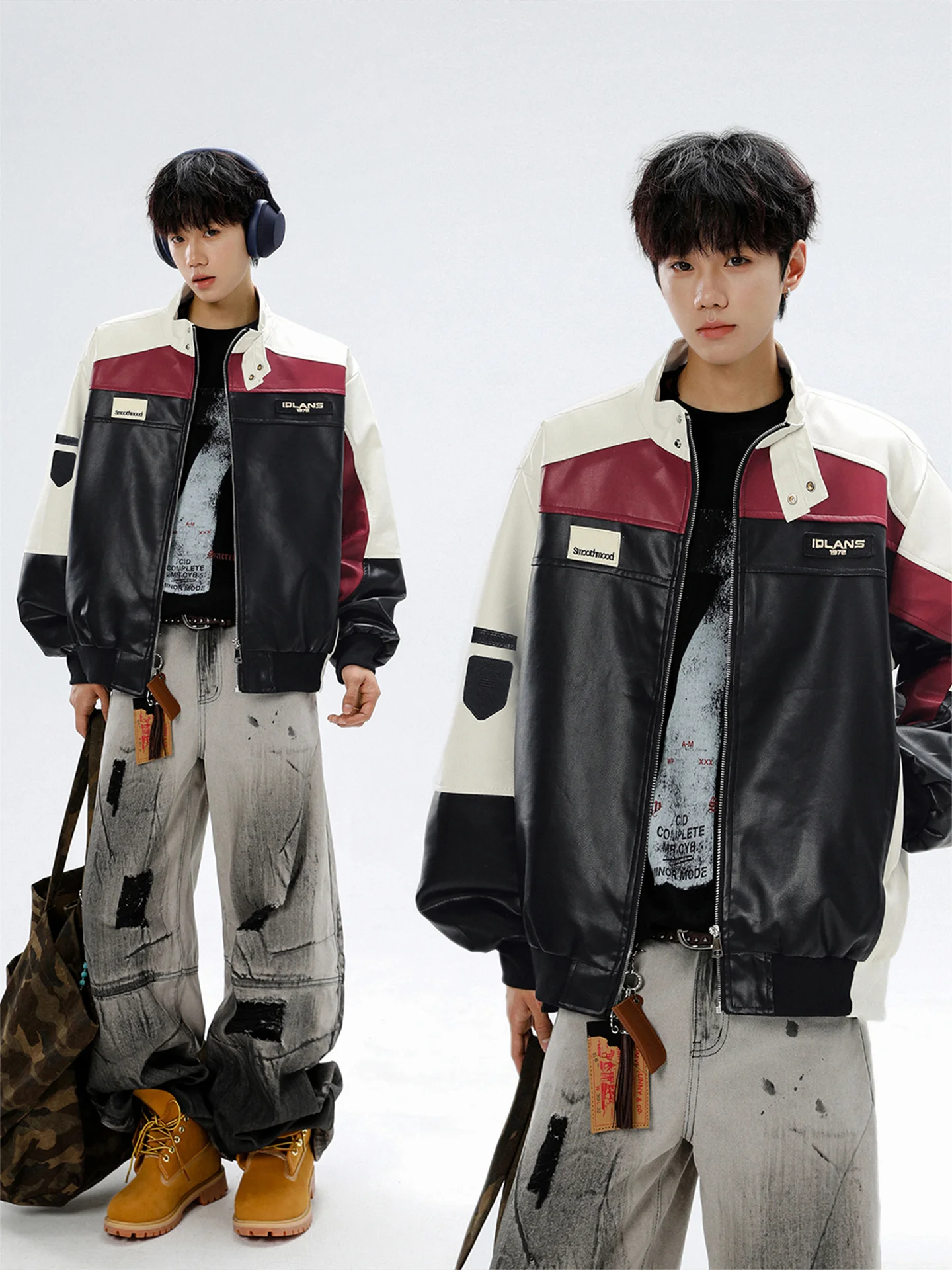 

American Sle Stand Collar Pu Leather Jaet Men's Street Sle Haome Splice Color Racing Suit High Sensation Motorcycle ...